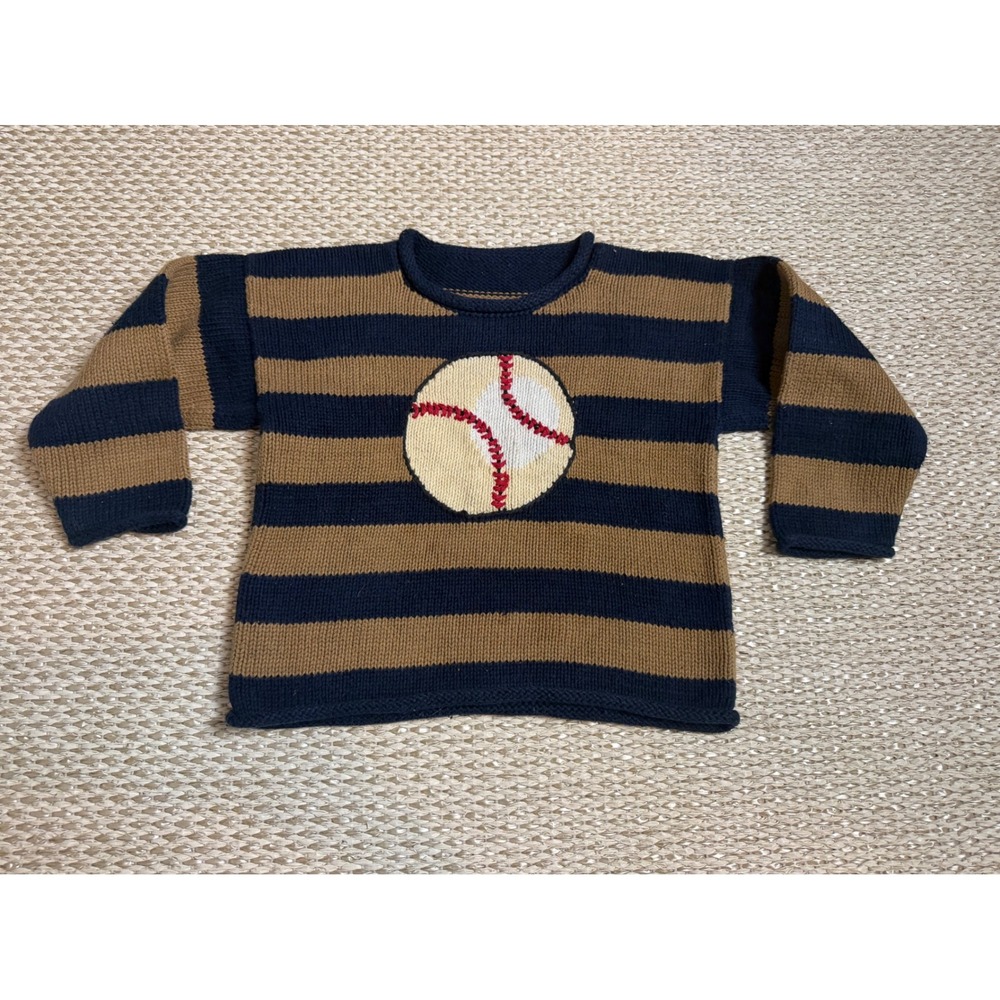 Handmade Kids Baseball Knit Sweater Navy Blue Tan Striped Pullover roll neck 4T